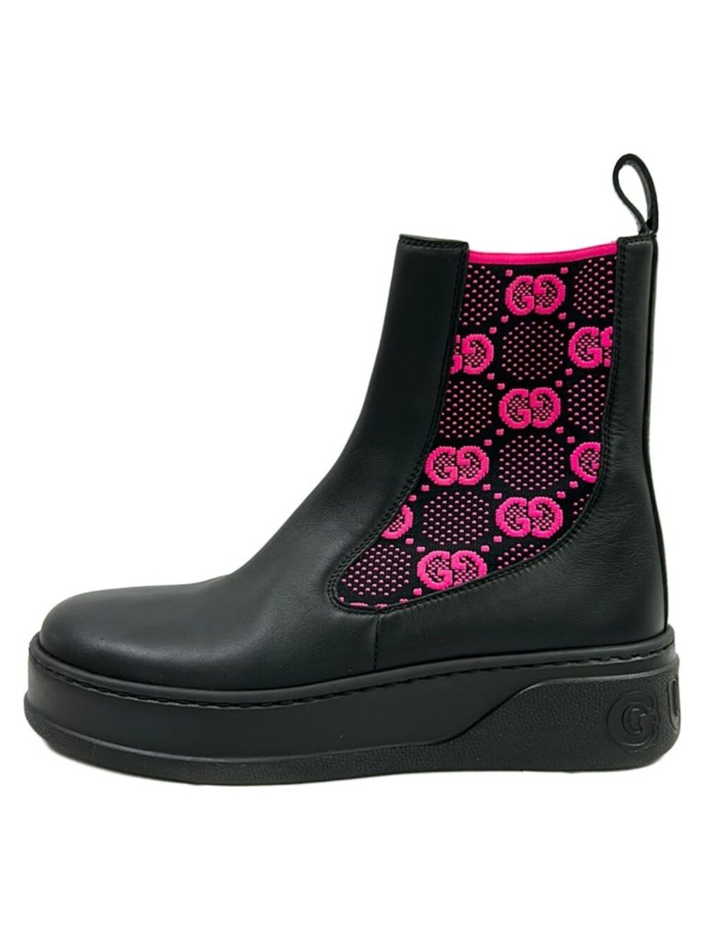 Gucci Short Boots GG Jersey Side Gore Black Pink Chelsea Leather